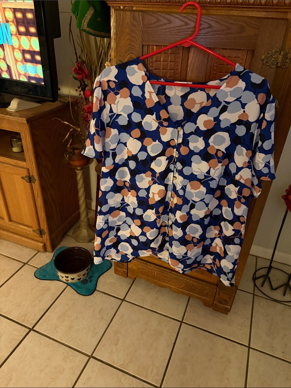 Liz Claiborne Navy Blue Floral Dot Button-Front Blouse